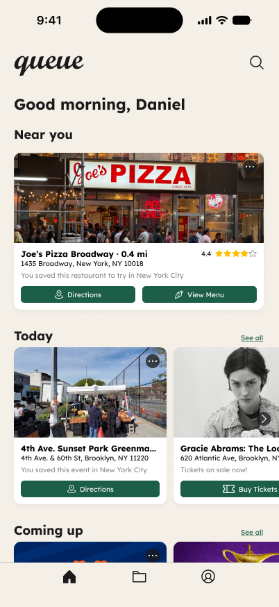 Queue app homepage showing saved places and things to do